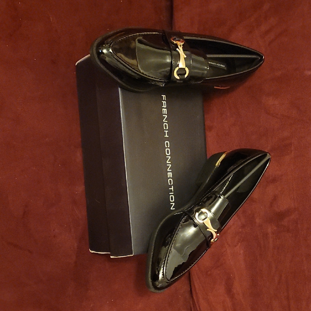 French Connection Glossy Black Loafers with Gold Accent
